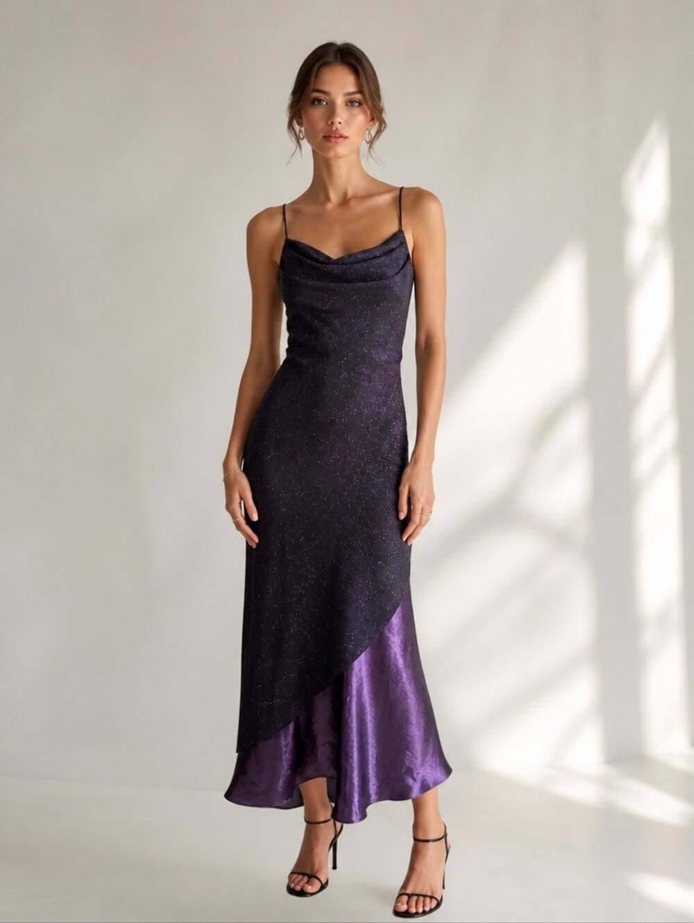 Vintage Y2K Onyx Nite Black Purple Glitter Cowl Neck Asymmetrical Maxi Dress S